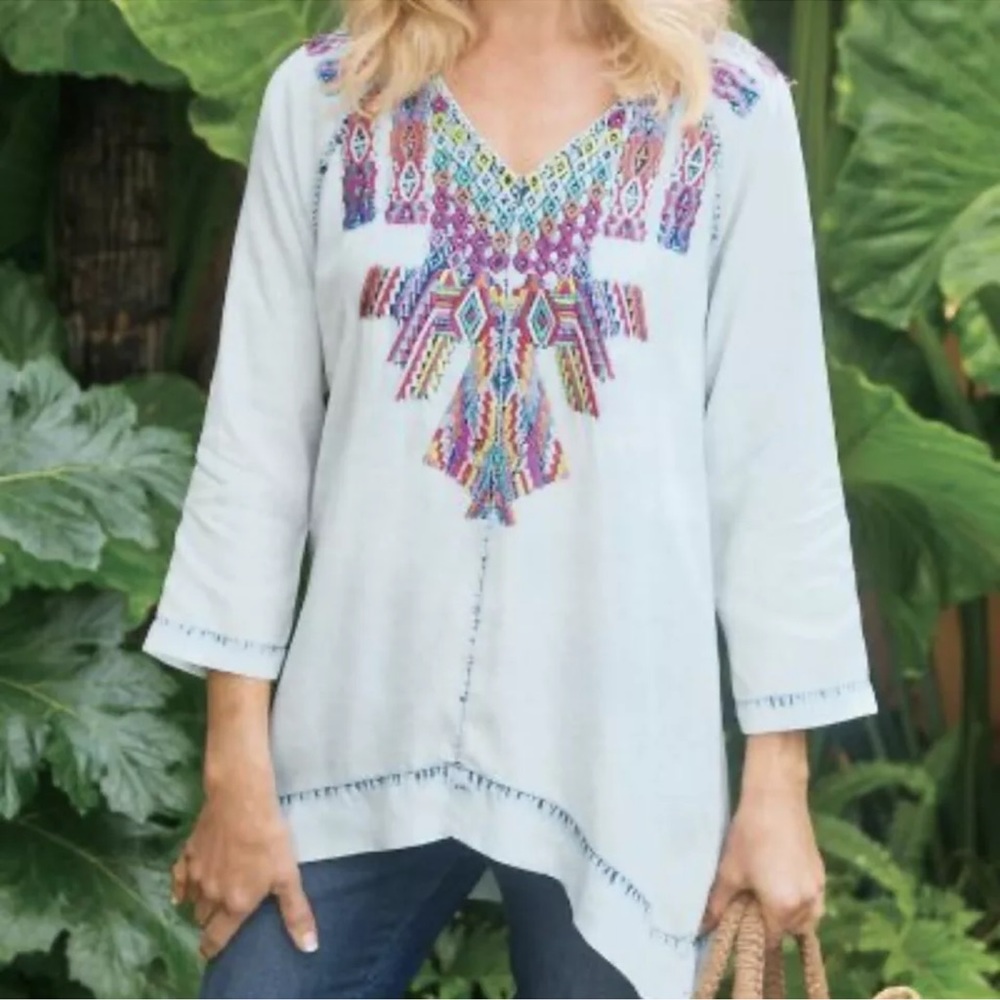 Soft Surroundings Mixteca Tunic Multicolor Aztec Embroidered Light Blue Tencel-M